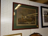 (WALL) FRAMED DUCK SHOOTING PRINT; DEPICTS 4 MEN ON A BOAT HUNTING FOR DUCKS IN A SWAMP. MATTED IN