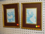 (WALL) PAIR OF BOTANICAL PRINTS; FRAMED BLUE AND WHITE FLORAL PRINTS SIGNED BY BARBARA MAC. DOUBLE