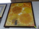 (WALL) PRINT ON BOARD; DEPICTS AUTUMN COLORED WHEEL FLOWERS. SITS IN A WOODEN FRAME. MEASURES 25.5