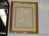 (WALL) FRAMED FLORAL PRINT; HAS BLUE AND PINK MATTING AND IS IN AN OAK FRAME. MEASURES 19 IN X 23 IN