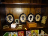 (BAY 6) SHELF LOT; LOT INCLUDES 4 OVAL SILLOETTE FRAMED PRINTS, AMERICAN INDIAN BOOKPLATES, AN
