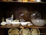 (BAY 6) SHELF LOT; LOT OF ASSORTED GLASSWARE, CHINA, AND FIGURINES TO INCLUDE A LARGE SCALLOPED EDGE