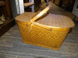 (BAY 6) RED MAN PICNIC BASKET; VINTAGE, AUTHENTIC RED MAN WOVEN PICNIC BASKET WITH A LIFT TOP LID.