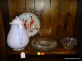 (BAY 6) SHELF LOT; 6 PIECE LOT OF ASSORTED GLASSWARE AND CHINA TO INCLUDE A BURGESS AND GODDARD IRON