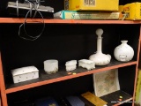 (BAY 6) SHELF LOT; 6 PIECE LOT TO INCLUDE 2 MILK GLASS BOXES, A MILK GLASS FOOTED CUP, 2 MILK GLASS