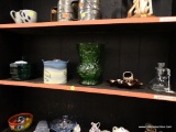 (BAY 6) SHELF LOT; 5 PIECE LOT TO INCLUDE A CLEAR GLASS PITCHER DECANTER, A DECORATIVE LEAF SHAPED