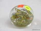 (BAY 6) PAPER WEIGHT; MURANO GLASS, MULTI COLORED PAPER WIEGHT WITH A SWIRLING INSIDE.