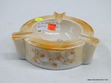 (BAY 6) 7 IN R.S. GERMANY ASH TRAY; ORANGE AND WHITE WITH ROSES HAND PAINTED ON THE SIDE. 3 SLOTS.