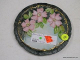 (BAY 6) PORCELAIN TEA TILE; HAND PAINTED WITH PINK FLOWERS AND GOLD TONE DETAILING. MEASURES 6.25 IN