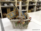 (BAY 6) CHRISTMS BASKET; WICKER WHITE PAINTED CHRISTMAS BASKET WITH A CROSSTICH BAG, AND A SMALL