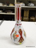 (BAY 6) 12 IN CRANDBERRY VASE; DIPPED IN WHITE, HANDPAINTED FLOWERS WITH A CUT MOTIF AND GOLD TONE