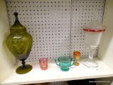 (BAY 6) LOT OF ASSORTED GLASSWARE; INCLUDES A 15 IN CLEAR AND CRANBERRY GLASS LIDDED CANDY DISH,