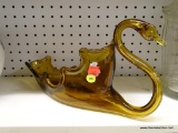 (BAY 6) BLOWN GLASS SWAN DISH; AMBER GLASS SWAN. HAND/MOUTH BLOWN. MEASURES 14 IN X 3.5 IN X 8 IN.