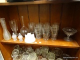 (BAY 6) SHELF LOT OF ASSORTED GLASSWARE; CONTAINS 6 ETCHED POLKA DOT GLASSES, BEAKER SHAPED CLEAR