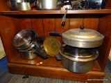 (BAY 6) ASSORTED VINTAGE POTS AND PANS; 6 ASSORTED SIZED POTS AND PANS INCLUDEING A STEAMER POT.