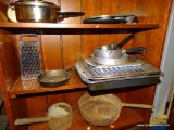 (BAY 6) LOT OF ASSORTED COOKWARE; COMES WITH A #3 CAST IRON PAN (HAS MINOR RUSTING) , A BOX CHEESE