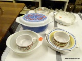 (BAY 6) ASSORTED COOKWARE; LOT INCLUDES 2 HOUSTON HARVEST SOUP BOWLS, A MILK GLASS PYREX 1.5 QT