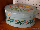 (R1) VINTAGE PANTRY BOX; OVAL SHAPED, FINGER LAPPED, PANTRY BOX WITH COPPERY TACKS, WOODEN PEGS,