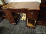 (R1) KNEE-HOLE DESK; VINTAGE, KNEE HOLE DESK WITH A MIDDLE DRAWER ABOVE THE KNEE SLOT AND 3 BOW