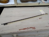VINTAGE VIOLIN BOW; HAS A HEXAGON SHAPED SHAFT WITH A MOTHER OF PEARL AND EBONY FROG. MEASURES 28.5