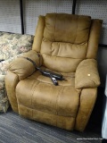 (WALL) RECLINING SOFA CHAIR; BROWN FADED FAUX LEATHER ELECTRIC RECLINING ARMCHAIR WITH A REMOTE