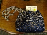 (R2) BIG BUDDHA CROSSBODY BAG; MADE WITH BLUE AND SILVER COLOR CHANGING SEQUINS. COMES WITH AN EXTRA