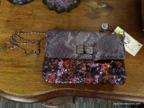 (R2) BIG BUDDHA CROSSBODY OR CLUTCH BAG; SEQUIN, PURPLE BAG WITH A METAL LOCKING LATCH, A ZIPPER,