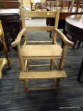 (R2) OAK AND HICKORY HIGH CHAIR; ANTIQUE CHILDS MULE EAR HIGH CHAIR WITH A FOOT REST, CURVED ARMS,