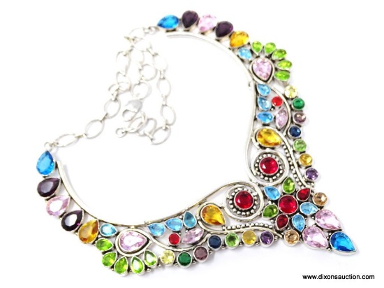 MULTI-COLOR GEMSTONE NECKLACE; NEW 18-22" SPECTACULAR LARGE COLLAR NECKLACE WITH MULTI-COLOR FACETED
