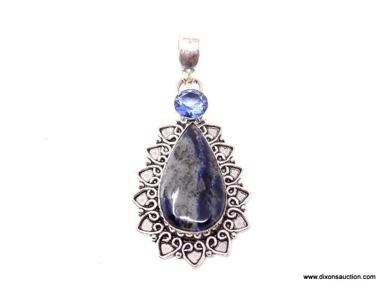 .925 OBSIDIAN PENDANT; NEW 2 1/8" AAA QUALITY RARE SNOWFLAKE OBSIDIAN DETAILED PENDANT WITH BLUE