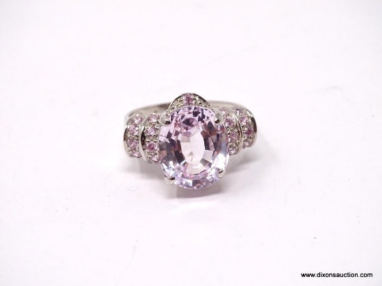 .925 KUNZITE RING; NEW 9.05 CT OVAL CUT UNHEATED RING WITH AAA TOP QUALITY SOFT PINK KUNZITE CENTER