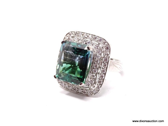 .925 AMETRINE RING; NEW BEAUTIFUL AAA TOP QUALITY DESIGNER LARGE RING WITH EMERALD CUT BLUE GREEN