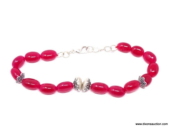 .925 GEMSTONE BRACELET; NEW 7"-9" AAA TOP QUALITY 124.50 CTS EARTH MINED RED OVAL SHAPED BEAD