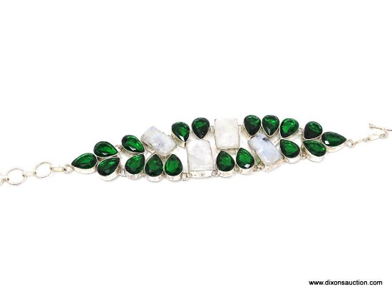 .925 LADIES GEMSTONE BRACELET; NEW 7-9" SPECTACULAR MOONSTONE AND CHROME DIOPSIDE ACCENT BRACELET