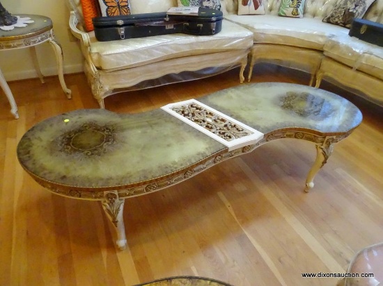 (LR) COFFEE TABLE; FRENCH PROVINCIAL GLASS TOP COFFEE TABLE WITH HEAVILY CARVED SKIRT AND ACANTHUS