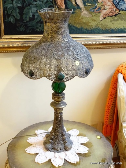 (LR) LAMP; BRASS LAMP AND GREEN GLASS BALL BASE LAMP WITH PIERCED AND JEWELED BRASS SHADE - 31 IN H