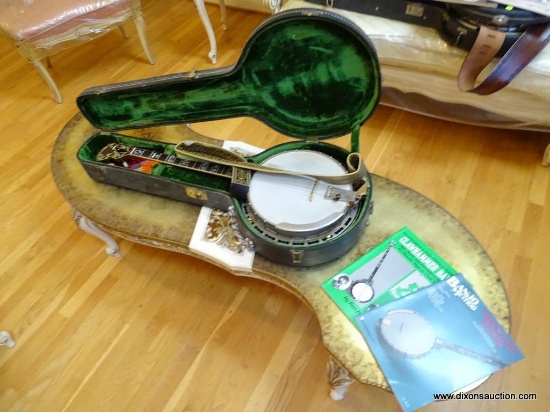 (LR) BANJO; 4 STRING BALDWIN BANJO, MAHOGANY AND MAPLE INLAY CASE WITH MOTHER OF PEARL INLAY ON