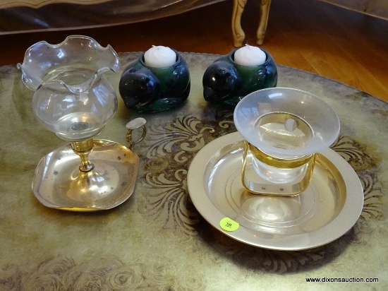 (LR) CANDLEHOLDERS; LOT OF MISC.. CANDLE HOLDERS 2 BRASS WITH SHADES- 5 IN AND 7 IN AND A PR. OF