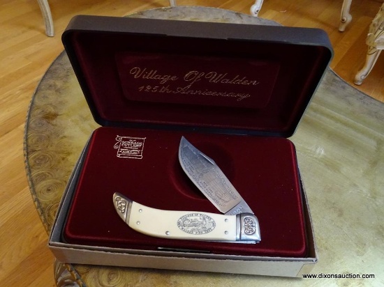 (LR) COLLECTOR'S KNIFE; SCHRADE CUTLERY ENGRAVED BONE HANDLE STYLE KNIFE- 125TH ANNIVERSARY OF