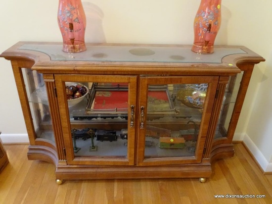 (LR) CREDENZA; PECAN FINISH CREDENZA WITH BEVELED GLASS TOP WITH TWO BEVELED GLASS DOORS ( ONE