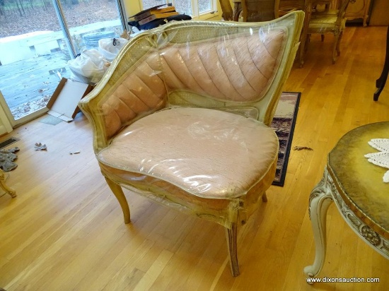 (LR) FIRESIDE CHAIR; ONE OF A PR. OF FRENCH PROVINCIAL FIRESIDE CHAIR- HAS PLASTIC PROTECTIVE COVERS