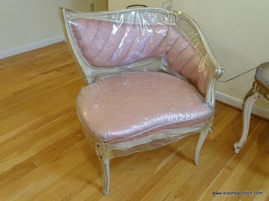 (LR) FIRESIDE CHAIR; ONE OF A PR. OF FRENCH PROVINCIAL FIRESIDE CHAIRS- HAS PLASTIC PROTECTIVE