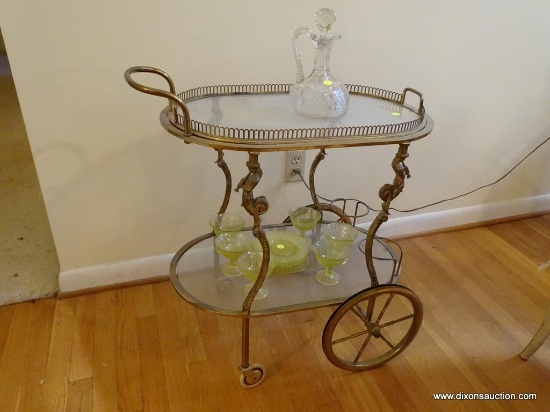(LR)) TEA CART; BRASS AND GLASS TEA CART WITH MERMAIDS PLAYING THE FLUTES- 26 IN X 16 IN X 29 IN