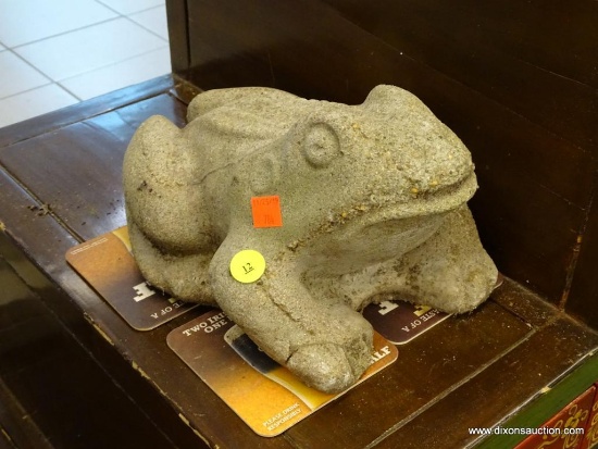 (WINDOW) FROG STATUE ; STONE, GARDEN FROG STATUE. HAS SOME CRACKS BUT IS IN OVERALL GOOD CONDITION.