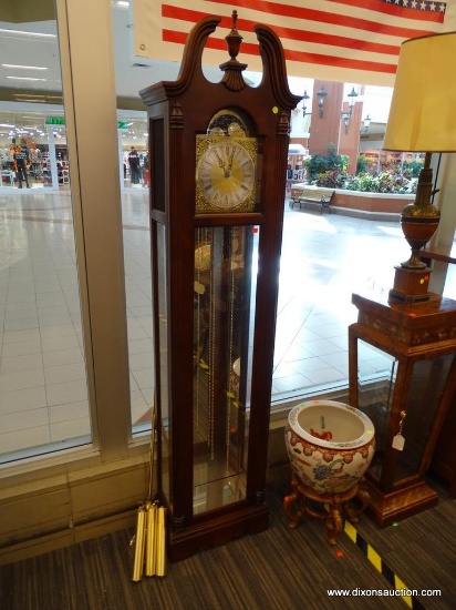 (WINDOW) HOWARD MILLER GRANDFATHER CLOCK; DUAL CHIME, ELECTRIC GRANDFATHER CLOCK WITH A BROKEN ARCH