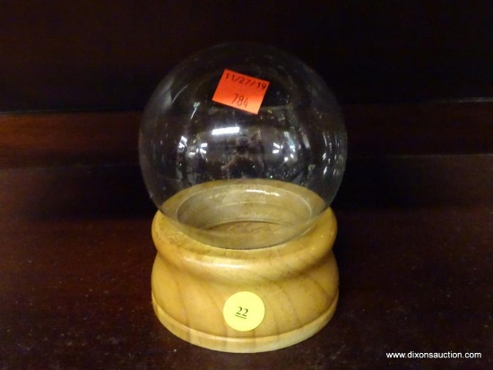 (WINDOW) SNOW GLOBE FRAME; GLASS BALL AND WOODEN STAND FOR A SNOW GLOBE.