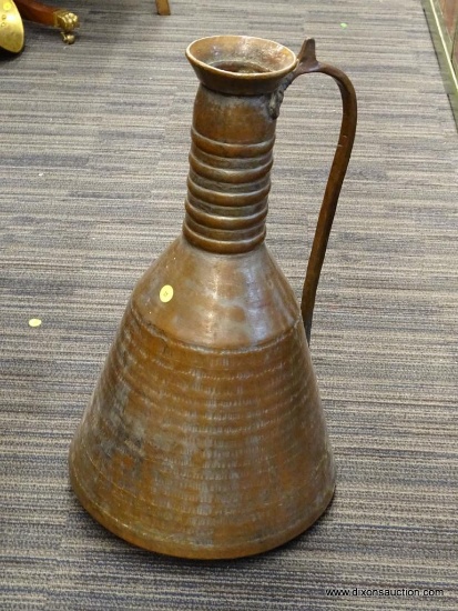 (WINDOW) VINTAGE HAMMERED COPPER EWER; LARGE, HAND WROUGHT, PITCHER/JUG WITH A HANDLE. MEASURES 22