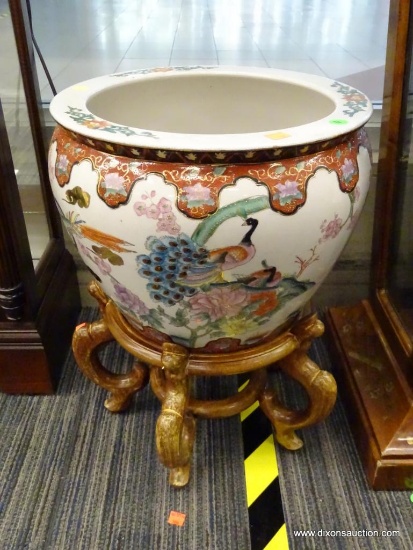 (WINDOW) ORIENTAL JARDINIERE; HAS HAND PAINTED PEACOCKS AND FLOWERS AROUND THE OUTSIDE AND HAND