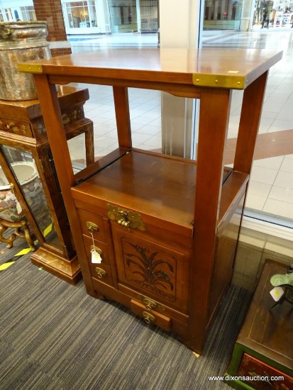 (WINDOW) ASIAN RICE CABINET; DECORATED BRASS CORNERS, 3 SMALL DRAWERS ON THE LOWER LEFT SIDE, SLIDE