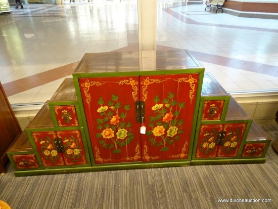 (WINDOW) 3 PIECE RED LAQUARED AND HANDPAINTED ROOM DIVIDER CABINET WITH 2 STEP TANSU CABINETS. OPENS